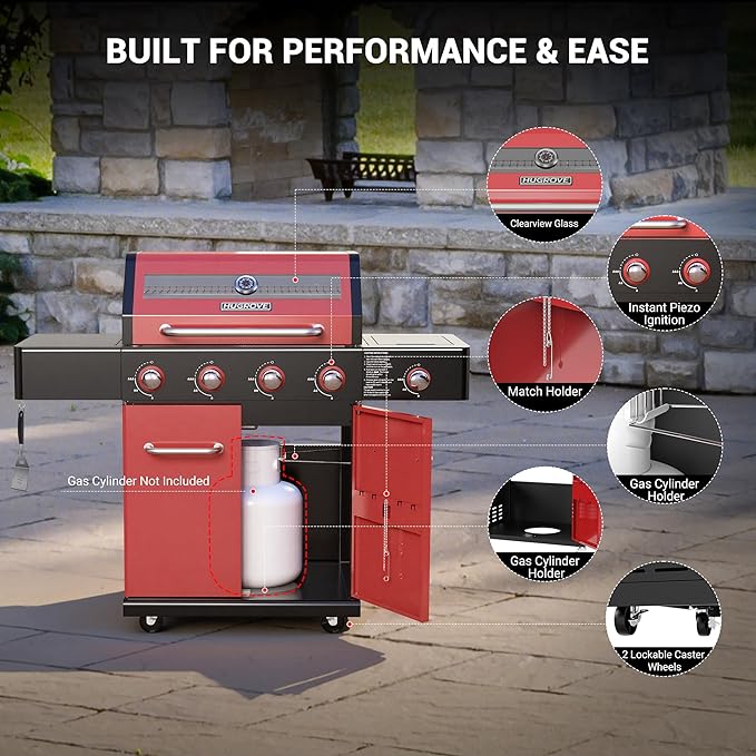 HUGROVE 4-Burner Liquid Propane Gas Grill with Clear-View Window, 56,000 BTU Outdoor BBQ Grilling Station with Side Burner, 677 sq.in Grill with Cast Iron Grates for Backyard Party (Black Red)