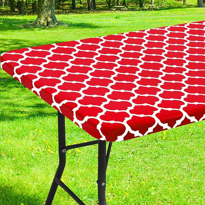 Smiry Picnic Fitted Table Cover, 6 Foot Flannel Backed Vinyl Tablecloth | Waterproof Elastic Stretch Table Cloth, Wipeable Plastic Tablecloth for Camping, Indoor & Outdoor (Red, 24" x 72")