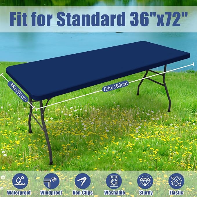 Moosfor Spandex 6 Foot Rectangle Table Cloth, Elastic Fitted Tablecloths for Picnic, Stretch Washable Patio Table Cover for Outdoor, Camping, Banquet and Parties (Navy, 36"x72")