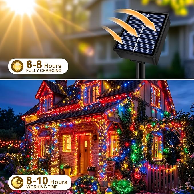 Solar String Lights 2 Pack Total 66FT 200LED Solar Fairy Lights Outdoor Waterproof 8 Lighting Modes Twinkle Lights for Patio, Garden Yard Party Wedding Tree Christmas Halloween Decoration, Multicolor