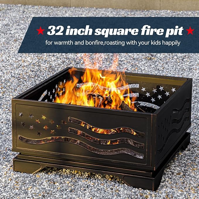 Verdeluxe 32Inch Square-Shaped Fire Pit,Outdoor Fire Pits with Spark Screen&Poker,Metal Square Wood Burning Firepits for Outside,Backyard,Bonfire,Patio,Party,Garden,Picnic and Camping(Antique Bronze)