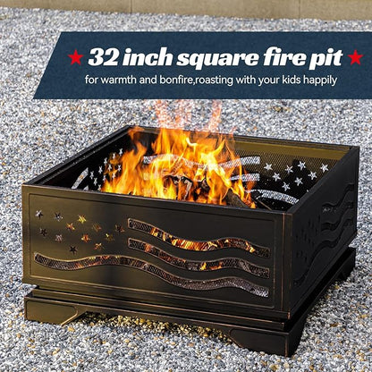 Verdeluxe 32Inch Square-Shaped Fire Pit,Outdoor Fire Pits with Spark Screen&Poker,Metal Square Wood Burning Firepits for Outside,Backyard,Bonfire,Patio,Party,Garden,Picnic and Camping(Antique Bronze)