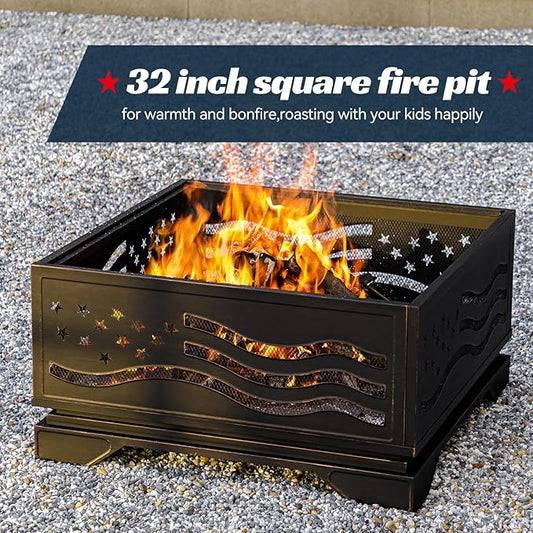 Verdeluxe 32Inch Square-Shaped Fire Pit,Outdoor Fire Pits with Spark Screen&Poker,Metal Square Wood Burning Firepits for Outside,Backyard,Bonfire,Patio,Party,Garden,Picnic and Camping(Antique Bronze)
