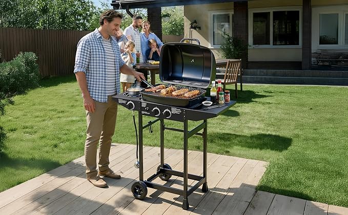 Outdoor Gas Grill with 6 Burners & Side Burner 59000 BTU Stainless Steel BBQ Grill Enamel-Coated Grates Side Tables for Backyard Patio Cooking Charcoal Grills & Smokers,A1