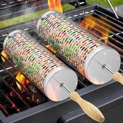 Rolling Grill Baskets,【2025Upgraded】 2Pcs Nesting Grilling Net with Removable Wooden Handle,BBQ Accessories Tools for Vegetables Shrimp,Outdoor Camping Barbecue Rack,Gifts for Men Dad (Stainless Steel,Rectangle)
