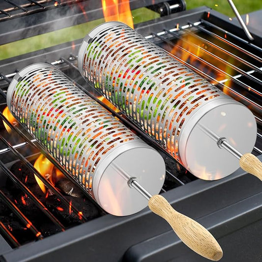 Rolling Grill Baskets,【2025Upgraded】 2Pcs Nesting Grilling Net with Removable Wooden Handle,BBQ Accessories Tools for Vegetables Shrimp,Outdoor Camping Barbecue Rack,Gifts for Men Dad (Stainless Steel,Rectangle)