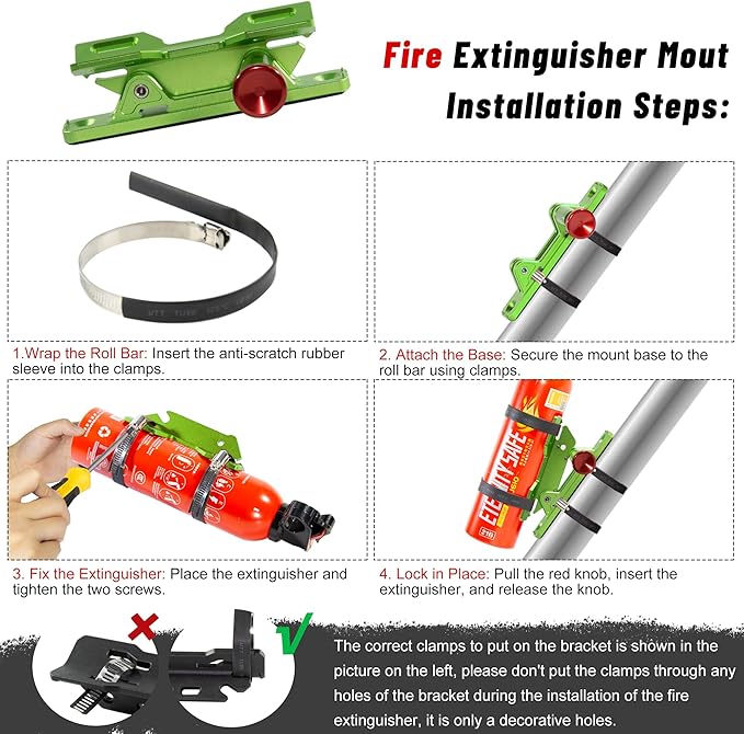 Quick Release Fire Extinguisher Mount – Neon Green Adjustable Aluminum Roll Bar Bracket Holder Compatible with Car Jeep Wrangler (TJ/JK/JL/JKU), UTVs (Polaris RZR, Ranger, Can-Am X3), Trucks Off-Road