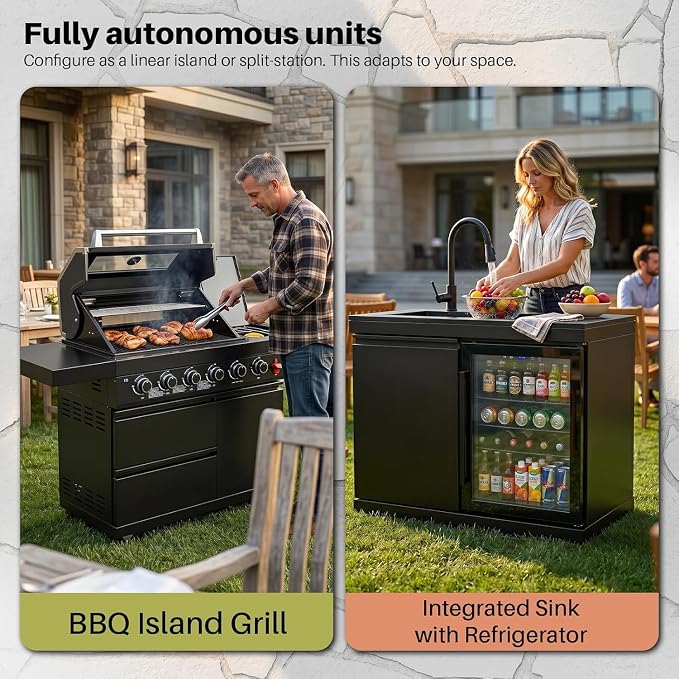 RIGO Premium Black 6 Burner Outdoor Kitchen Island Grill,84 Inch 75300 BTU 304 Stainless Steel Dual Fuel BBQ Grill with Sink,Fridge & Black Granite Countertop for Backyard Patio Commercial Cooking