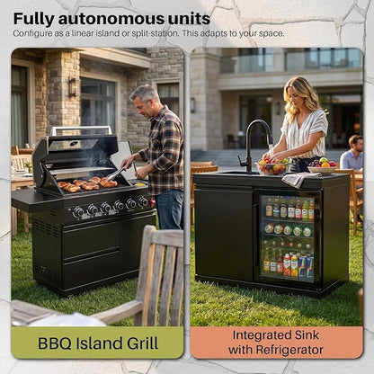 RIGO Premium Black 6 Burner Outdoor Kitchen Island Grill,84 Inch 75300 BTU 304 Stainless Steel Dual Fuel BBQ Grill with Sink,Fridge & Black Granite Countertop for Backyard Patio Commercial Cooking