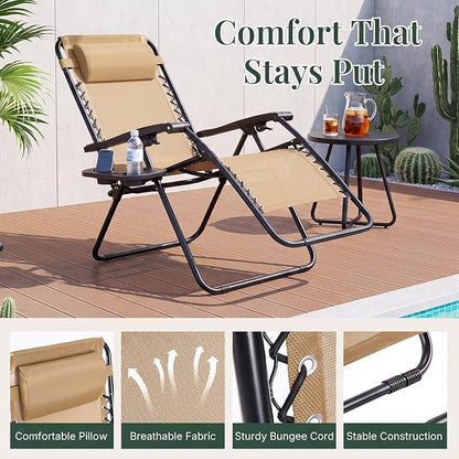 Zero Gravity Chairs Set of 4, Outdoor Folding Lounge Chairs | Foldable Reclining Patio Lawn Chairs with Mesh Back, Adjustable Pillows and Cup Holder Trays, for Pool, Beach, Backyard