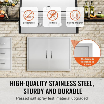 VEVOR Outdoor Kitchen Double Wall BBQ Access Door, 31W x 24H Inch Stainless Steel Flush Mount Door with Handles and Hooks for Grilling Station
