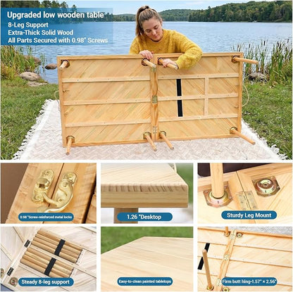 60"x30" Portable Boho Wooden Low Folding Picnic Table for Indoor Outdoor | Comes with Table Runner, Stable 8-leg Support & Thickened Structure, Thick Painted Tabletop Easy to Wipe, Fits 4-6 People