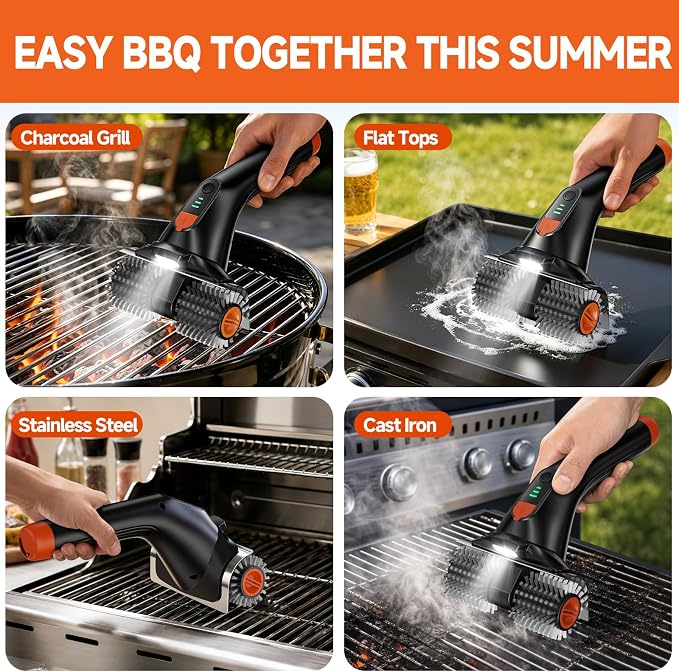 Electric Grill Brush, Ultra-High 80W Power Dual-Head Cordless Rechargeable Grill Cleaner with 2.5H Fast Charge, Heat-Resistant, Waterproof, Anti-Splatter, Ergonomic Design BBQ Grill Brush.