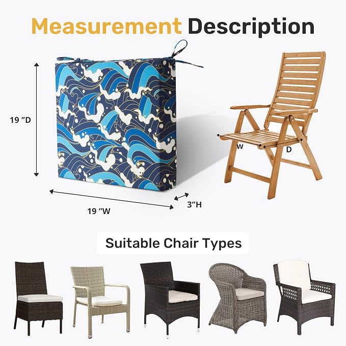 UNIKOME Outdoor Chair Cushions Pack of 4, Water Resistant Patio Cushions with Ties, High Density Sponge Filling Square Corner Seat Cushions for Outdoor Furniture, 19"*19"*3", Blue/Waves