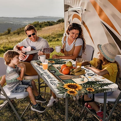 Picnic Table Cover with Bench Covers, Camping Essentials, RV Forest Sunflower Wooden Tablecloth Waterproof Windproof Elastic Fitted Tablecloths for 6ft Rectangle Tables Indoor & Outdoor 3 PCS 30x72 IN