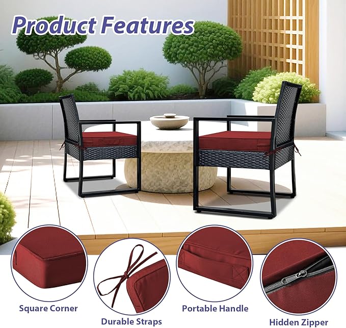IPYNBAP Outdoor Chair Cushions Set of 4 -Waterproof Outdoor Seat Cushions for Patio Furniture, Patio Chair Cushion with Handle and Ties, Out Door Chair Pads,18.5x16x3-Square, Burgundy