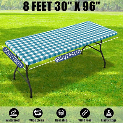 Smiry Picnic Table Cloth 2 Pack, Waterproof Elastic Fitted Tablecloths for 8FT Rectangle Tables, Washable Polyester Buffalo Plaid Tablecloth for Camping & Outdoor (Turquoise & White, 30" x 96")