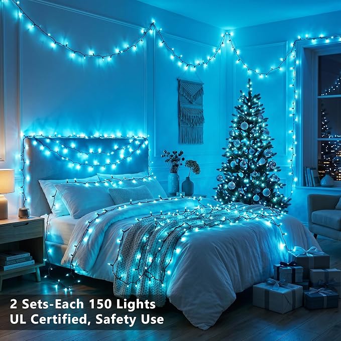 BrizLabs Teal Christmas Incandescent String Lights Outdoor 300 Count 69.6ft | Connectable; Green Wire; UL Certified; Waterproof Mini Xmas Tree lights for Indoor Outside Holiday Party Garden Patio Decor