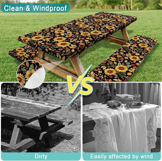 Picnic Table Cover with Bench Covers, Camping Essentials, Sunflower Flower Leaves Waterproof Windproof Patio Table Cover, Fitted Tablecloth Cover with Elastic Edge for Indoor Outdoor 3 PCS 30x60 Inch