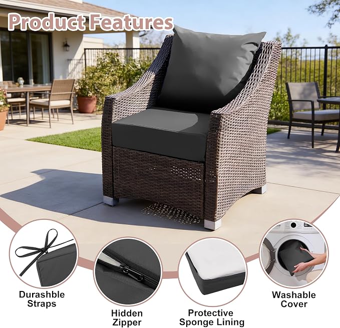 Outdoor Deep Seat Cushion Set, 24x24 Inch, Dark Grey, Set of 4 | Water-Resistant, Fade-Resistant, Removable Cover, For Patio Chair & Sofa&Furniture