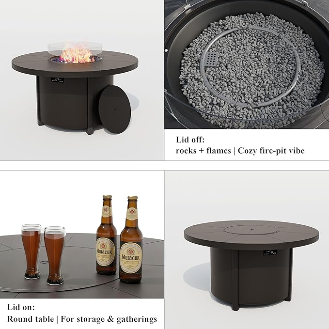 48 Inch Round Propane Fire Pit Table, 55000 BTU Auto-Ignition Gas Fire Pit with Steel Tabletop, Adjustable Flame, Windshield, Lid & CSA Certification for Patio Backyard Garden