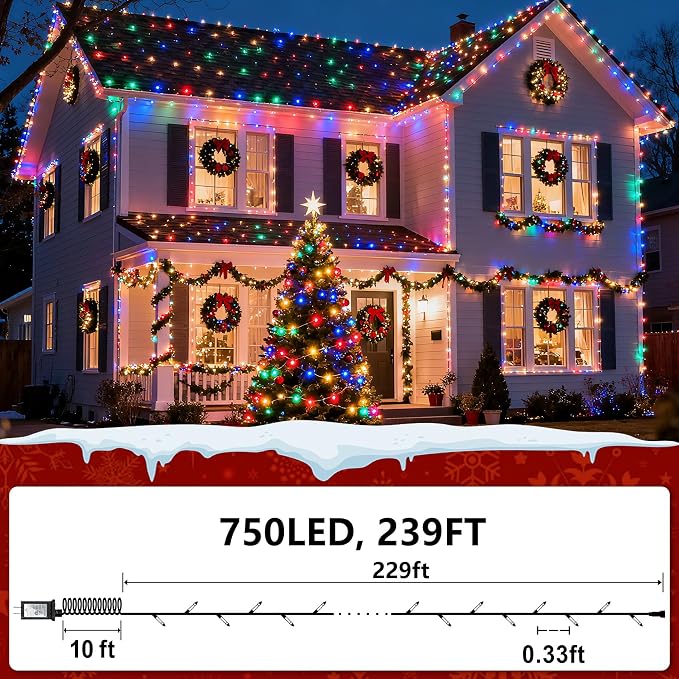 Christmas String Lights Outdoor Green Wire 240FT 750 LED Multicolor | Dimmable, 12 Light Styles, Memory Timer, Waterproof, 29V Safe Low Voltage, Diamond-Faceted LED, Energy Efficiency
