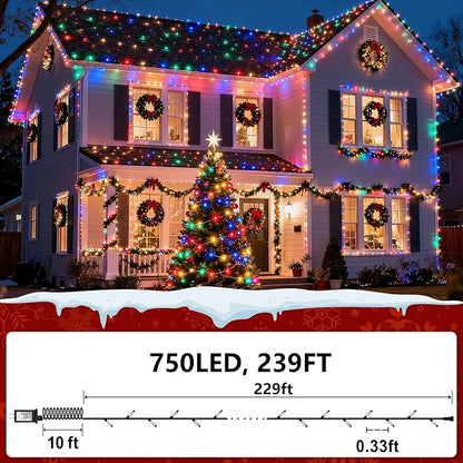 Christmas String Lights Outdoor Green Wire 240FT 750 LED Multicolor | Dimmable, 12 Light Styles, Memory Timer, Waterproof, 29V Safe Low Voltage, Diamond-Faceted LED, Energy Efficiency
