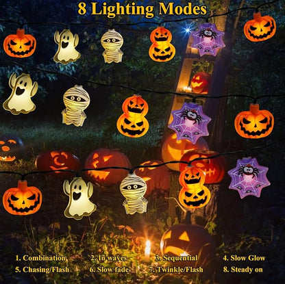 Halloween Decorations Outdoor Solar String Lights, 25.8ft 40LED Pumpkin Ghost Mummy Stacked Pumpkins Spider Web Solar Halloween Lights for Outside House Garden Yard Halloween Party Decor