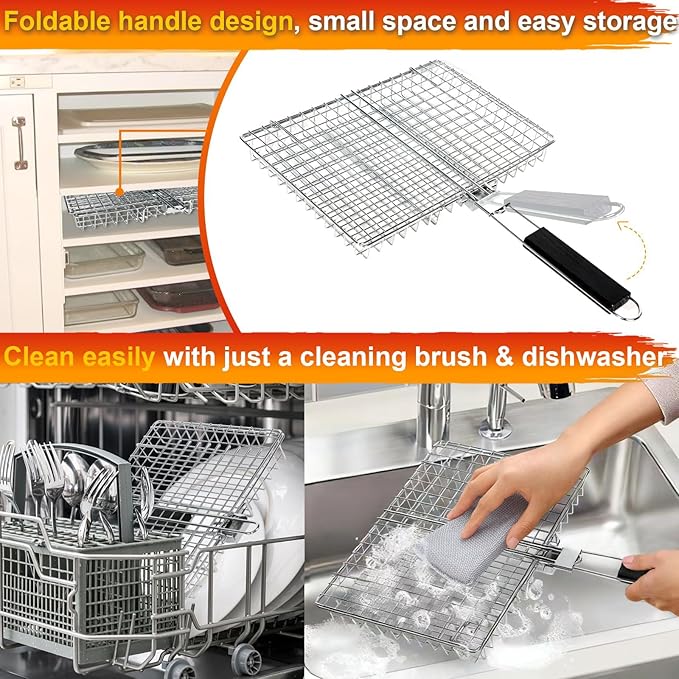 Large Stainless Steel Grilling Basket with Removable Handle – Deep Fish & Vegetable Grill Basket for Outdoor BBQ, Heavy Duty Non-Stick Basket for Gas/Charcoal Grill, Easy to Clean – Gifts for Dad
