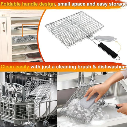 Large Stainless Steel Grilling Basket with Removable Handle – Deep Fish & Vegetable Grill Basket for Outdoor BBQ, Heavy Duty Non-Stick Basket for Gas/Charcoal Grill, Easy to Clean – Gifts for Dad