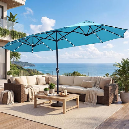 FREE SOLDIER 13ft Patio Umbrella with 36 LED Solar Lights Double Sided Outdoor Umbrella for Patio Table Umbrella with Solar lights for Garden Yard Pool (Turquoise)