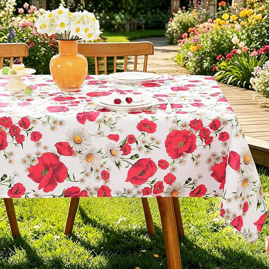 SASTYBALE Spring Summer Tablecloth, Red Floral, 60 x 102 Inches | Reusable, Wrinkle Resistant, Washable ,Texture Fabric Polyester, Indoor & Outdoor, Picnic, Patio, Fits 8-10 Seats