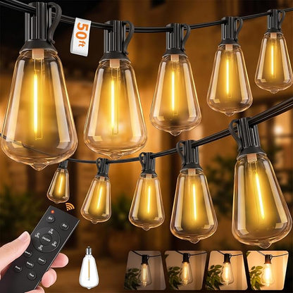 Hotsonic Remote Control Outdoor String Lights Waterproof, 50FT LED Outside Lights with Shatterproof Bulbs, Dimmable Hanging Lights 3 Modes for Patio Porch Garden Pergola Yard House Bistro Party Decors