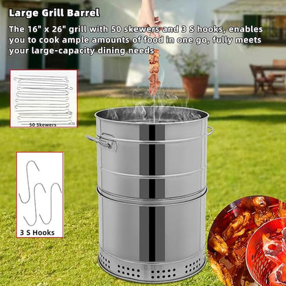Large Portable Charcoal Grills, Stainless BBQ Grill Barrel, 360° Smokeless Outdoor Barbecue Grill for Travel Camping Grill Outdoor Cooking Picnic Patio Backyard (50 Skewers)