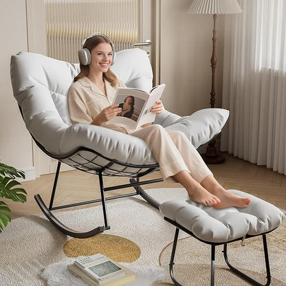 GarveeLife Outdoor Oversized Papasan Rocking Chair with Footrest, Patio Lounge Chair with Ottoman and Sturdy Metal Frame, Patio Egg Rocker for Balcony Backyard Porch Bedroom, White