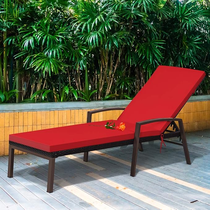 Tangkula 2 PCS Patio Rattan Chaise Lounge Chair, Outdoor Reclining Chaise with Cushion and Armrest, Wicker Sun Lounger with Adjustable Backrest for Garden, Balcony, Poolside