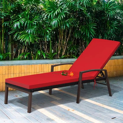 Tangkula Patio Rattan Lounge Chair, Outdoor Reclining Chaise with Cushion and Armrest, Wicker Sun Lounger with Adjustable Backrest for Garden, Balcony, Poolside (1, Red)