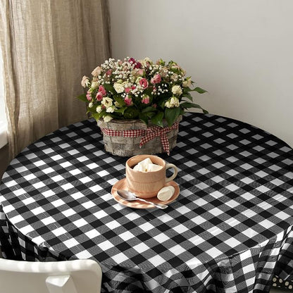 Disposable Checkered Tablecloth Round Plastic Buffalo Plaid Table Cloth 84'' Gingham Tablecover for Picnic Camping BBQ Graduation Party (Black and White, 6 Pieces)