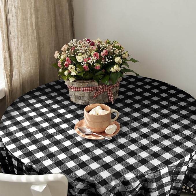 Disposable Checkered Tablecloth Round Plastic Buffalo Plaid Table Cloth 84'' Gingham Tablecover for Picnic Camping BBQ Graduation Party (White and Black, 3 Pieces)