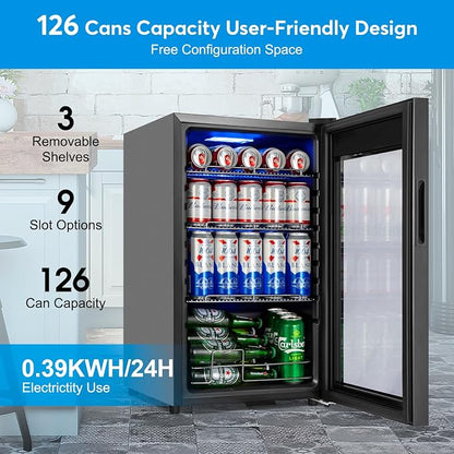 FoMup Beverage Refrigerator 17 inch Wide - 126 Can Beverage Cooler with Glass Door | Counter-Top/Freestanding Mini Beverage Beer Fridge | Temperature Memory | Invisible Door | Perfect for Soda,Beer