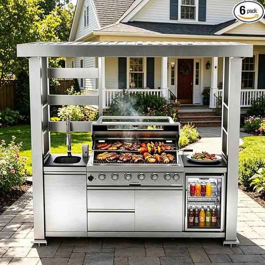 94" Stainless Steel Outdoor Kitchen Island with 6-Burner 85000 BTU,Heavy-Duty Propane Grill with Rotisserie Oven,Galvanized Steel Roof,Granite Countertops,Refrigerator,Sink.(Propane Gas)