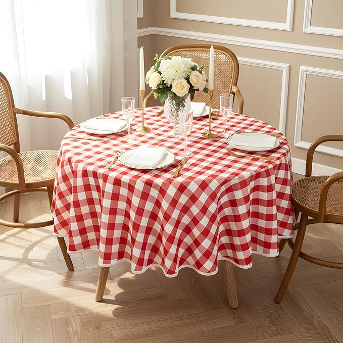 Red and White Gingham Tablecloth, Waterproof Outdoor Picnic Table Cover for Summer BBQ, Farmhouse Kitchen, Patio Dining, Reusable Machine Washable Checkered Table Cloth, 60" Round