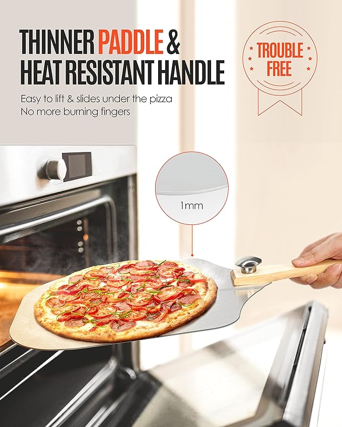 Mooues Pizza Peel Aluminum 17 inch Pizza Spatula with Rocker Cutter | Metal Pizza Paddle(12"x 17") Foldable Wood Handle, [Storage bag included], for Family Pizza Oven Baking Pizza, Dough& Pastry