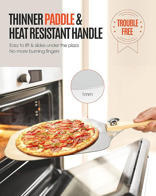 Mooues Pizza Peel Aluminum 17 inch Pizza Spatula with Rocker Cutter | Metal Pizza Paddle(12"x 17") Foldable Wood Handle, [Storage bag included], for Family Pizza Oven Baking Pizza, Dough& Pastry