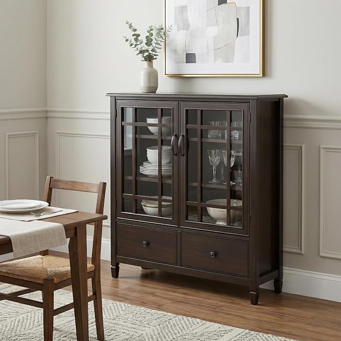 SIMPLIHOME Connaught 46" Solid Wood Tall Cabinet in Dark Chestnut Brown | Traditional tall console cabinet with glass doors, adjustable shelves and drawers for living or dining room storage.