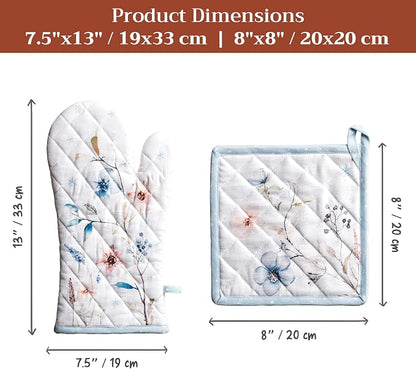 Maison d' Hermine 100% Cotton Oven Mitt & Pot Holder Set (7.5"x13" & 8"x8") | Heat Resistant BBQ Cooking Gloves with Loop Baking Grilling Kitchen Hotel Home Farmhouse Thanksgiving Christmas - Ice Florals