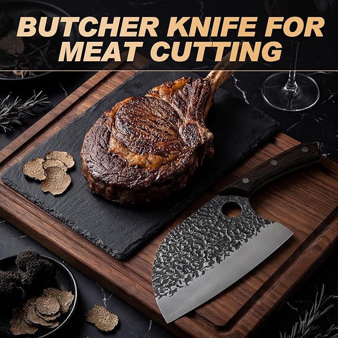 Butcher Knife Set 3PCS, Hand Forged Serbian Chef Knife & Meat Cleaver & Viking Knife, Food Cutting Kitchen Knife for Home, Outdoor Cooking, Camping BBQ Gift for Men