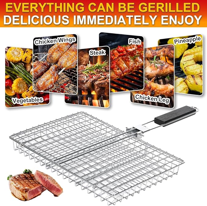 Large Stainless Steel Grilling Basket with Removable Handle – Deep Fish & Vegetable Grill Basket for Outdoor BBQ, Heavy Duty Non-Stick Basket for Gas/Charcoal Grill, Easy to Clean – Gifts for Dad