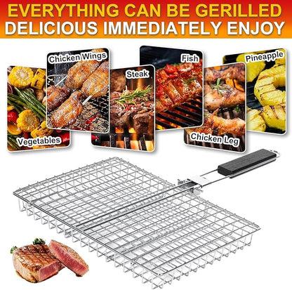 Large Stainless Steel Grilling Basket with Removable Handle – Deep Fish & Vegetable Grill Basket for Outdoor BBQ, Heavy Duty Non-Stick Basket for Gas/Charcoal Grill, Easy to Clean – Gifts for Dad