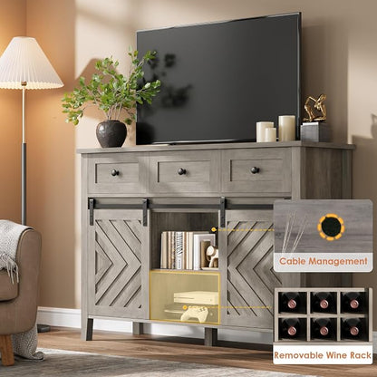 CABIHOME Farmhouse 47.2'' Buffet Cabinet with Sliding Barn Door, 33.4'' Tall Wood Rustic Sideboard with 3 Drawer, Adjustable Shelf and Removable Wine Rack (Vintage, 47.2'')
